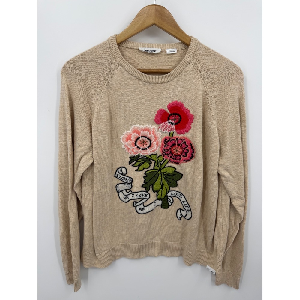 Desigual Floral Embroidered Crewneck Sweater Women XXL Beige 22SWJF40